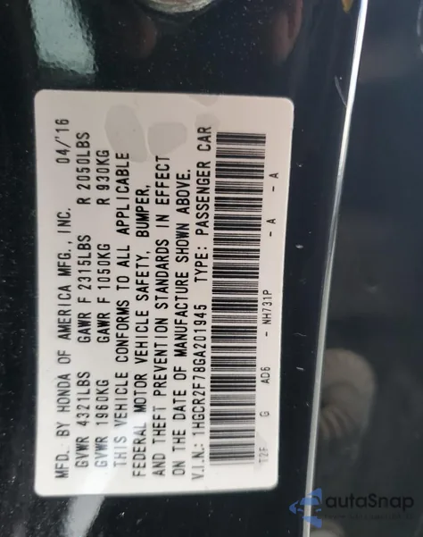 2016 Honda Accord Ex z USA, uszkodzony, nr VIN 1HGCR2F78GA201945